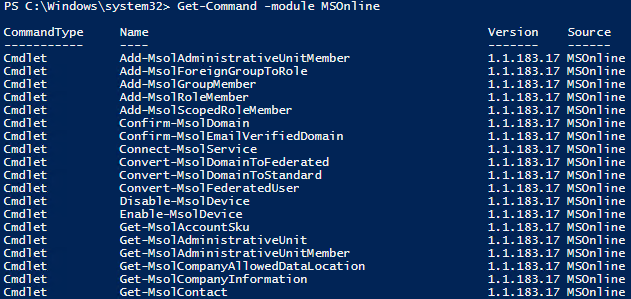 Getting a list of available Office 365 PowerShell cmdlets