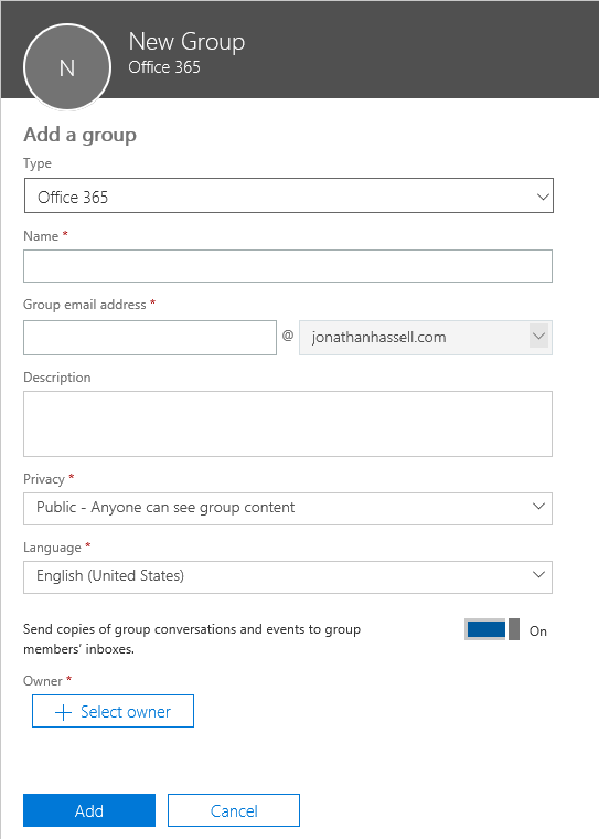 Office 365 Groups Adding a New Group