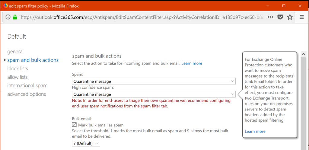 Exchange Online Protection Configuring Quarantine Mode for EOP Spam Filtering