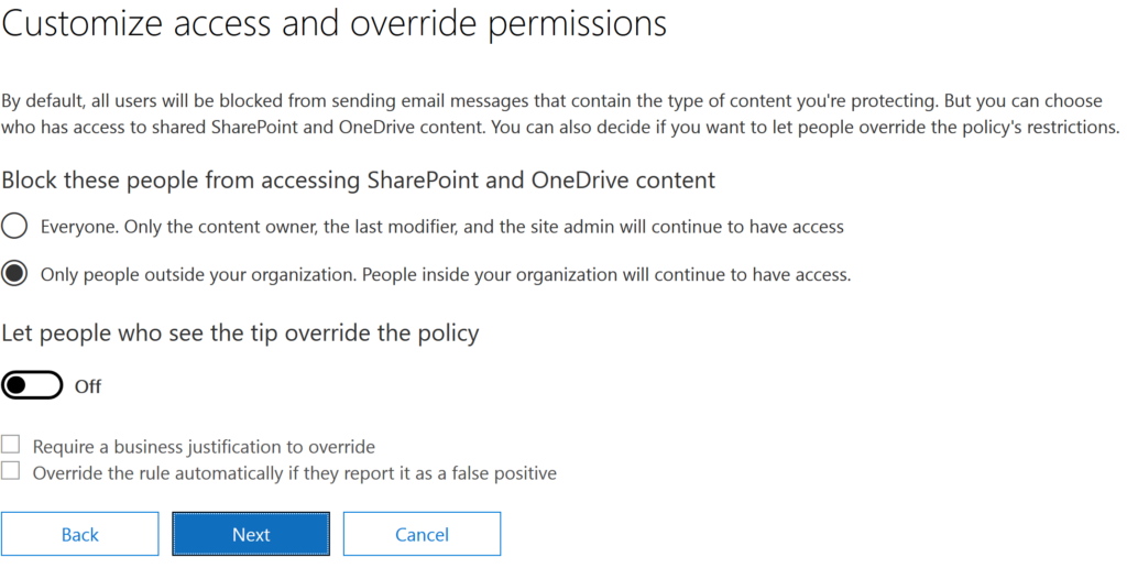 Office 365 DLP Customizing access and override permissions