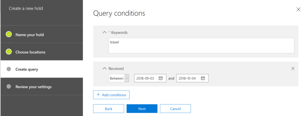 eDiscovery in Office 365 Specifying Query Conditions