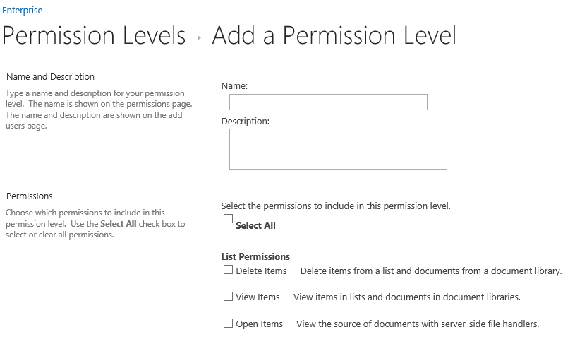 Adding SharePoint Permissions Level