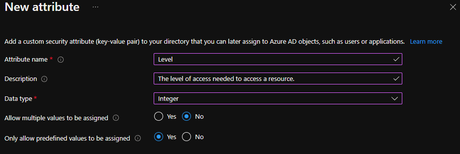 Azure AD Security Attributes Configuring Attributes
