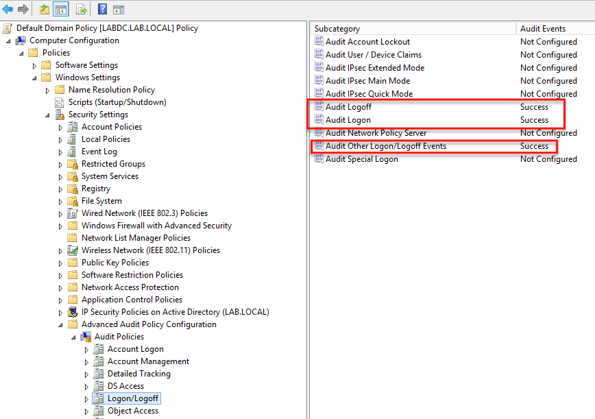 Enabling the Audit Logoff, Audit Logon and Audit Other Logon/Logoff Events policies