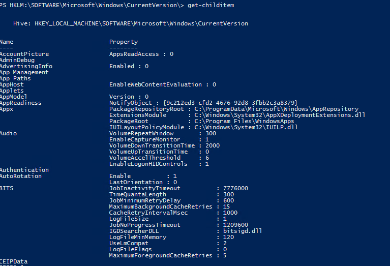 Here is how to output all the registry keys in the current hive with their properties