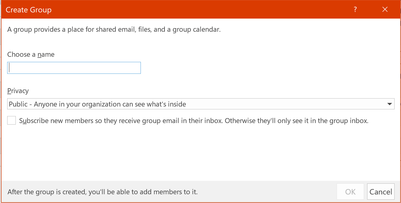 Office 365 Groups Users Specify Details about a Group They Are Creating from Outllook