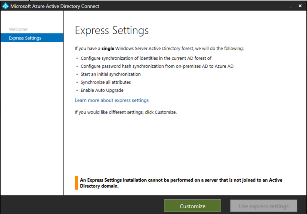 uw Active Directory synchroniseren met Office 365 Azure AD Express Instellingen