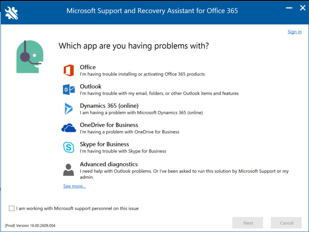 download the new for windows Microsoft Support and Recovery Assistant 17.01.0268.015