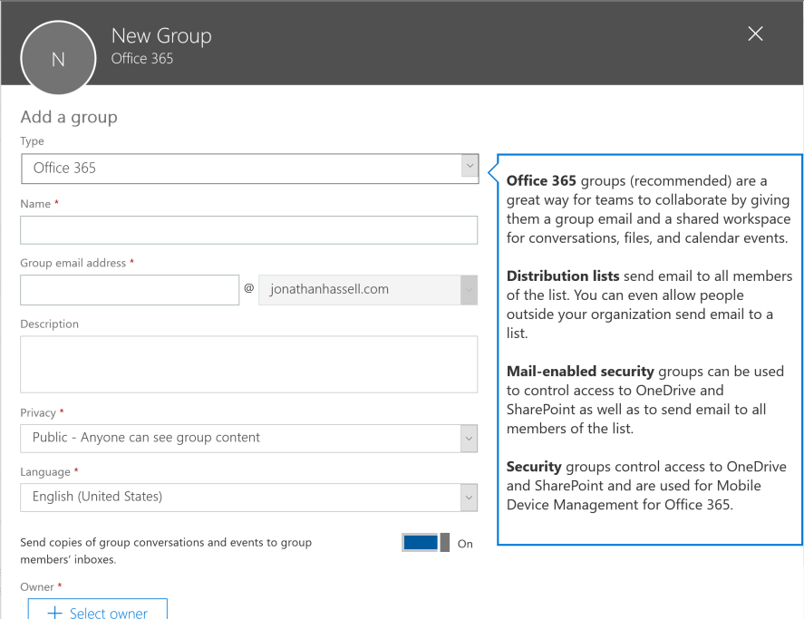 SharePoint Online Administration Creating a New Group