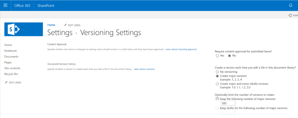 SharePoint Online Administration Versioning Settings for a Document Library