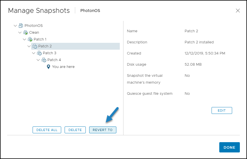 Reverting a VMware vSphere snapshot from the snapshot manager