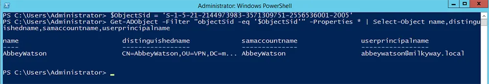 Example 5: Find an AD User by Assigning a SID to a Variable