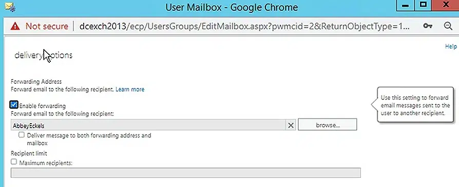 Set an Internal Forwarding Address for a Mailbox