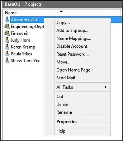 Other options on the context menu
