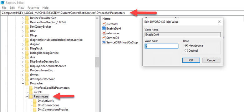 DoH enablement in Windows 10 by registry