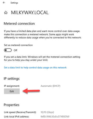 IP settings and “Edit” button under DNS settings.