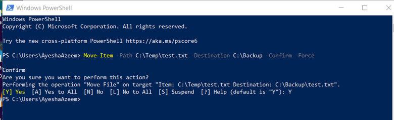 Scenario 2 – Overwrite a file at the destination after confirmation with Move-Item